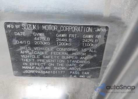 2010 Suzuki Kizashi Se z USA, uszkodzony, nr VIN JS2RF9A36A6101177